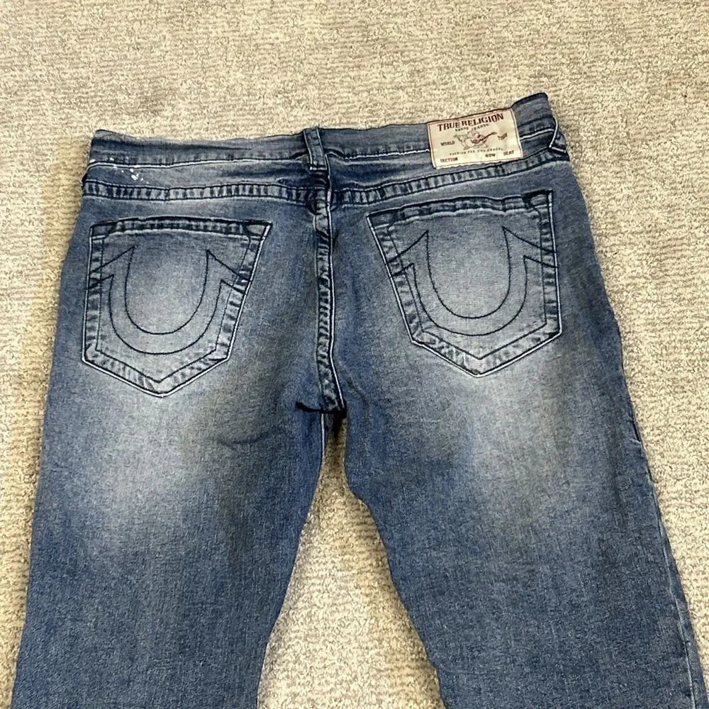 True Religion Jeans Mens 34 Medium Wash Rocco Relaxed Skinny Stretch Splatter